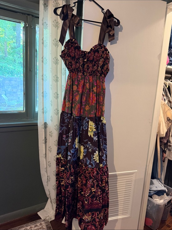 Free People Dresses & Skirts - Free People Brown Multi Floral Tiered Maxi Dress with Ribbon Straps